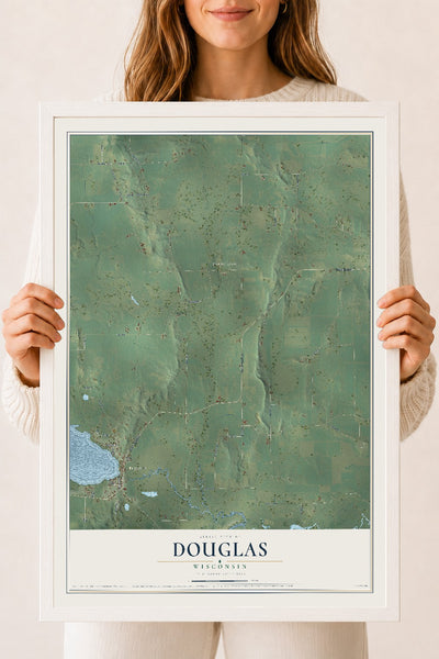 Map of Douglas, Wisconsin, 18 x 24 inch print in a white wood frame