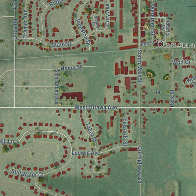 Close-up of the map of Dousman, Wisconsin print showing street and building detail