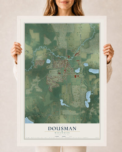 Map of Dousman, Wisconsin, 24 x 36 inch print in a white wood frame