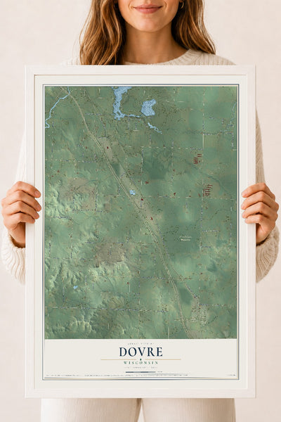 Map of Dovre, Wisconsin, 18 x 24 inch print in a white wood frame