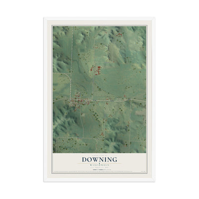 Map of Downing, Wisconsin, 12 x 18 inch print in a white wood frame