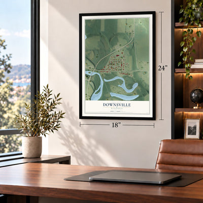 Downsville, Wisconsin map, 18 x 24 inch print in a black frame in a home office