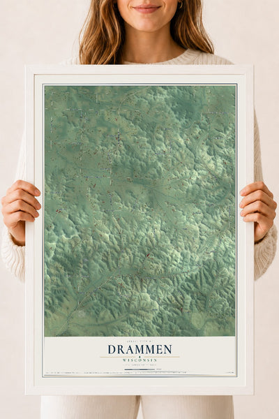 Map of Drammen, Wisconsin, 18 x 24 inch print in a white wood frame