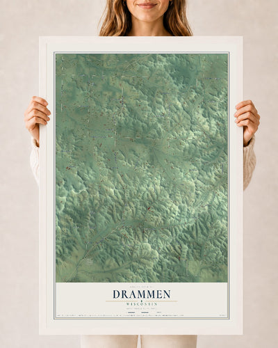 Map of Drammen, Wisconsin, 24 x 36 inch print in a white wood frame