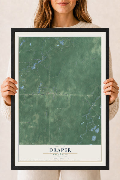 Map of Draper, Wisconsin, 18 x 24 inch print in a black wood frame