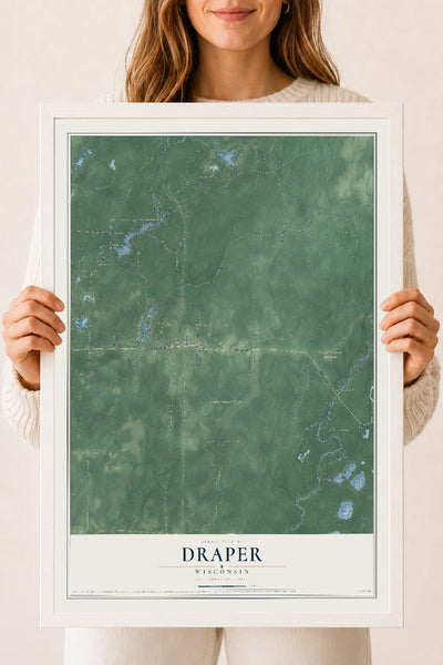 Map of Draper, Wisconsin, 18 x 24 inch print in a white wood frame