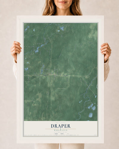Map of Draper, Wisconsin, 24 x 36 inch print in a white wood frame