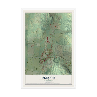 Map of Dresser, Wisconsin, 12 x 18 inch print in a white wood frame