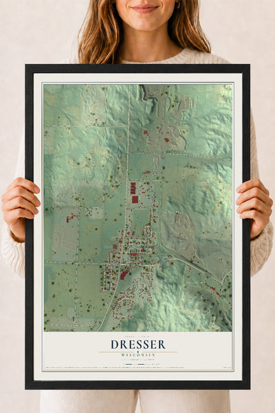 Map of Dresser, Wisconsin, 18 x 24 inch print in a black wood frame