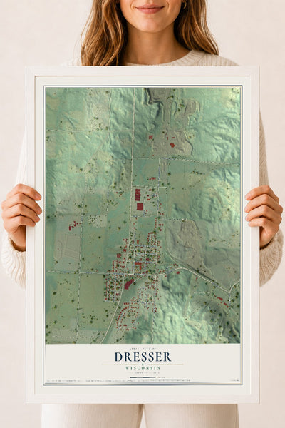 Map of Dresser, Wisconsin, 18 x 24 inch print in a white wood frame