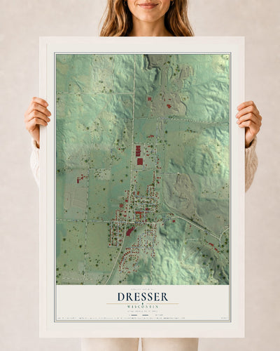 Map of Dresser, Wisconsin, 24 x 36 inch print in a white wood frame