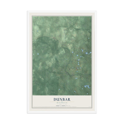 Map of Dunbar, Wisconsin, 12 x 18 inch print in a white wood frame
