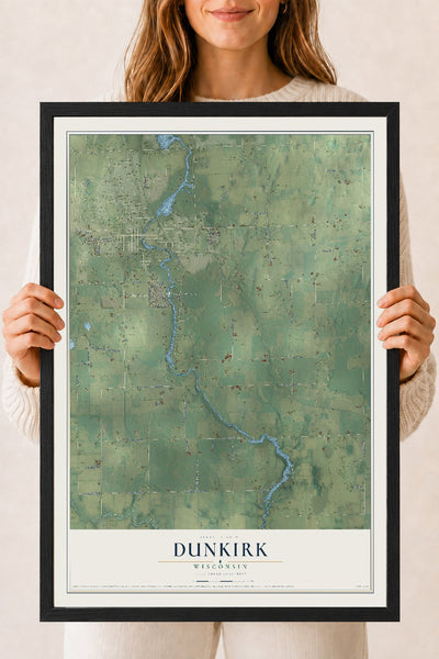 Map of Dunkirk, Wisconsin, 18 x 24 inch print in a black wood frame