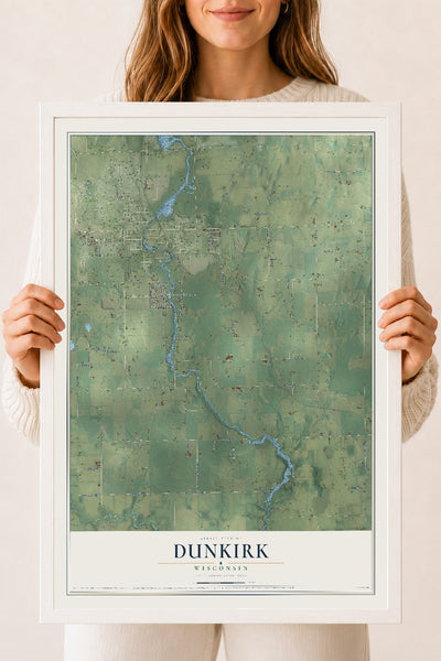 Map of Dunkirk, Wisconsin, 18 x 24 inch print in a white wood frame