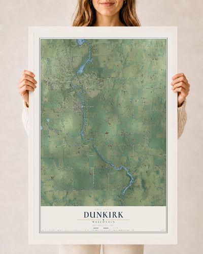 Map of Dunkirk, Wisconsin, 24 x 36 inch print in a white wood frame