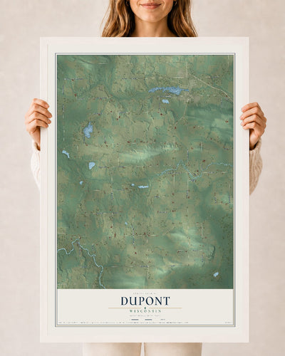 Map of Dupont, Wisconsin, 24 x 36 inch print in a white wood frame
