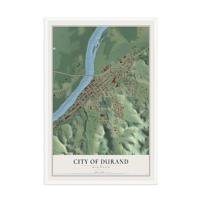 Map of Durand, Wisconsin, 12 x 18 inch print in a white wood frame