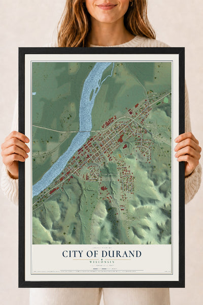 Map of Durand, Wisconsin, 18 x 24 inch print in a black wood frame