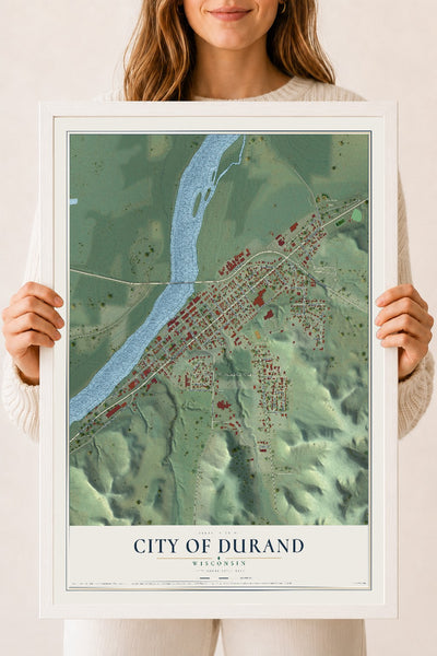 Map of Durand, Wisconsin, 18 x 24 inch print in a white wood frame