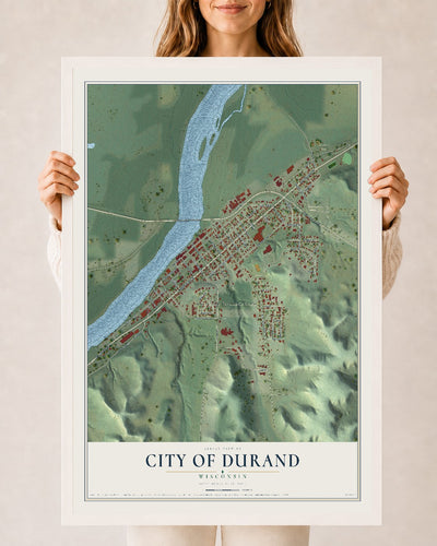 Map of Durand, Wisconsin, 24 x 36 inch print in a white wood frame