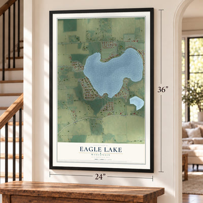 Eagle Lake, Wisconsin map, 24 x 36 inch print in a black frame by a staircase