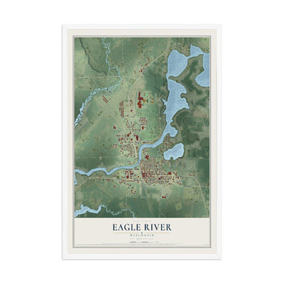 Map of Eagle River, Wisconsin, 12 x 18 inch print in a white wood frame