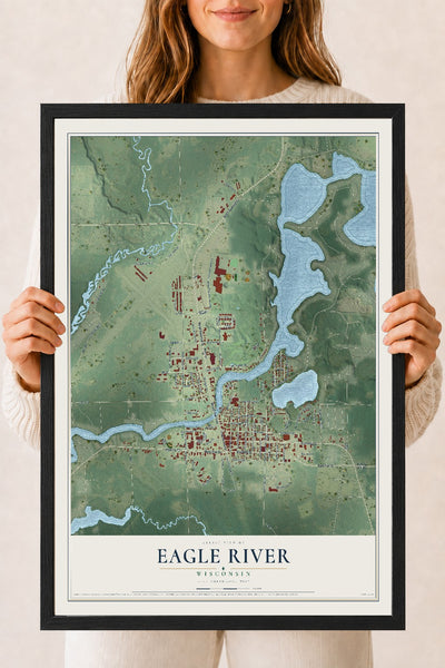 Map of Eagle River, Wisconsin, 18 x 24 inch print in a black wood frame