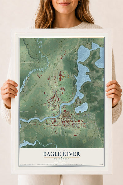 Map of Eagle River, Wisconsin, 18 x 24 inch print in a white wood frame