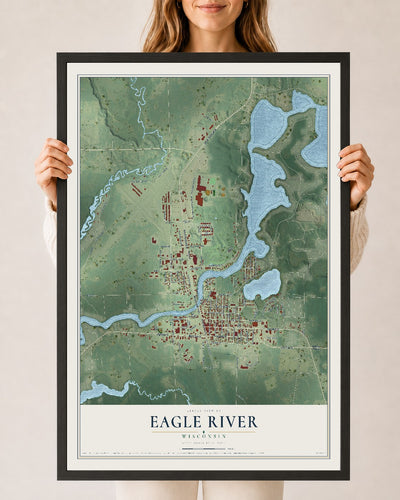 Map of Eagle River, Wisconsin, 24 x 36 inch print in a black wood frame