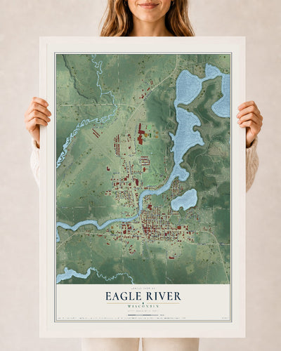 Map of Eagle River, Wisconsin, 24 x 36 inch print in a white wood frame