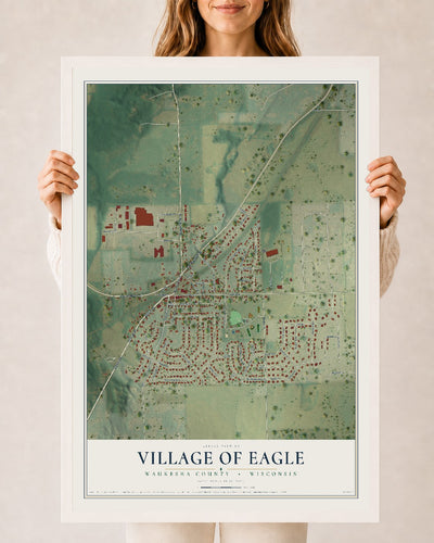Map of Eagle, Wisconsin, 24 x 36 inch print in a white wood frame