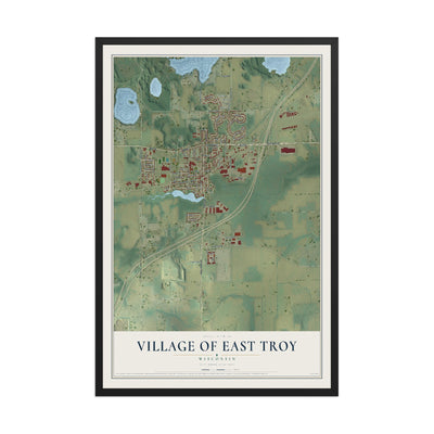 Map of East Troy, Wisconsin, 12 x 18 inch print in a black wood frame
