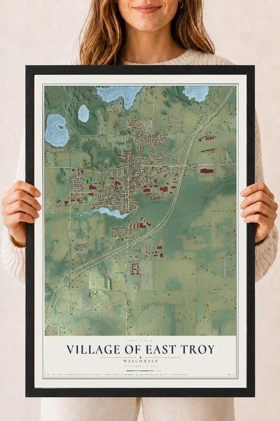 Map of East Troy, Wisconsin, 18 x 24 inch print in a black wood frame