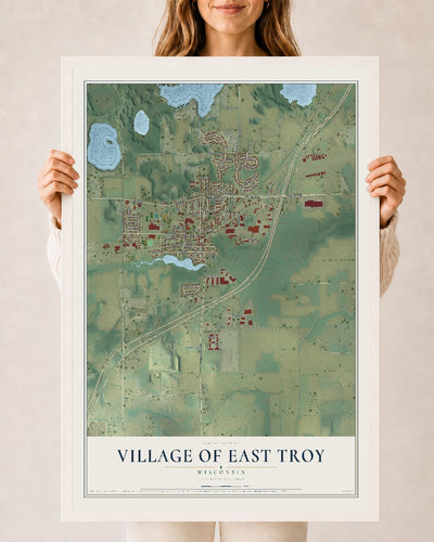 Map of East Troy, Wisconsin, 24 x 36 inch print in a white wood frame