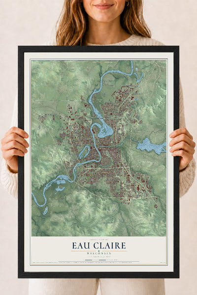 Map of Eau Claire, Wisconsin, 18 x 24 inch print in a black wood frame