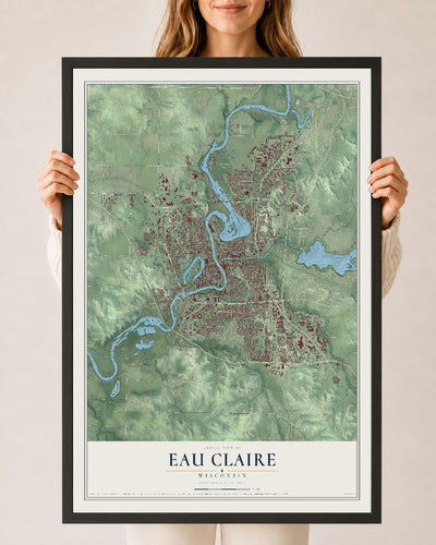 Map of Eau Claire, Wisconsin, 24 x 36 inch print in a black wood frame