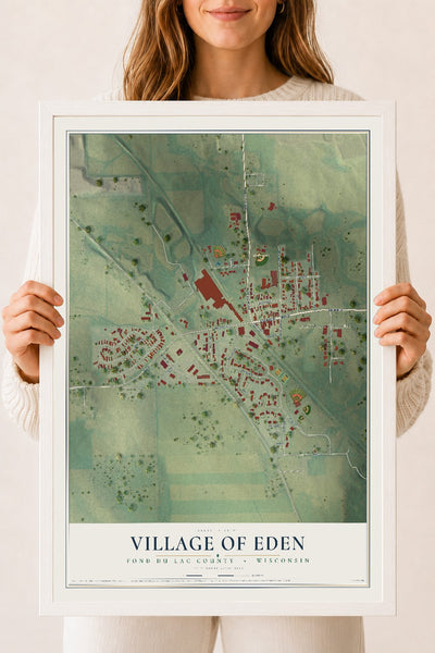 Map of Eden, Wisconsin, 18 x 24 inch print in a white wood frame