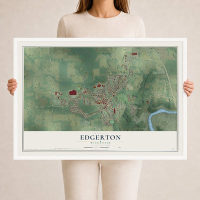 Map of Edgerton, Wisconsin, 24 x 36 inch print in a white wood frame