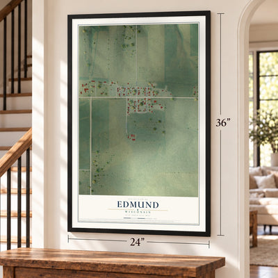 Edmund, Wisconsin map, 24 x 36 inch print in a black frame by a staircase