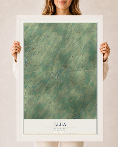 Map of Elba, Wisconsin, 24 x 36 inch print in a white wood frame