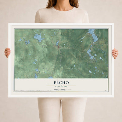 Map of Elcho, Wisconsin, 24 x 36 inch print in a white wood frame