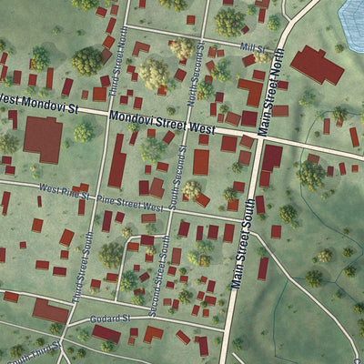 Close-up of the map of Eleva, Wisconsin print showing street and building detail