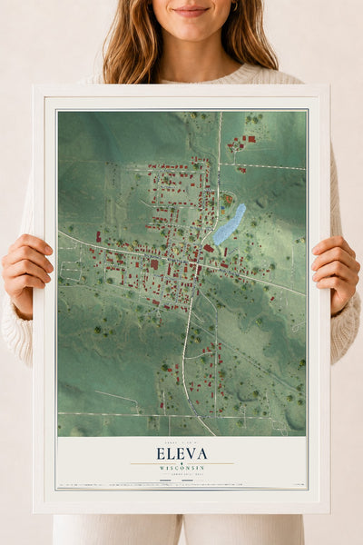 Map of Eleva, Wisconsin, 18 x 24 inch print in a white wood frame