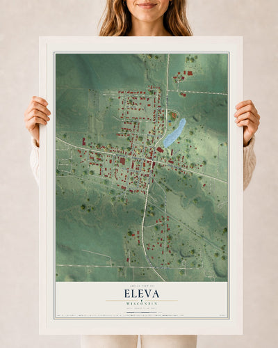 Map of Eleva, Wisconsin, 24 x 36 inch print in a white wood frame