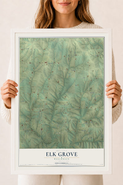 Map of Elk Grove, Wisconsin, 18 x 24 inch print in a white wood frame