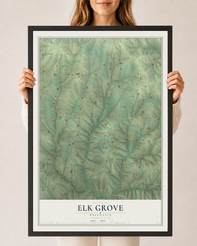 Map of Elk Grove, Wisconsin, 24 x 36 inch print in a black wood frame