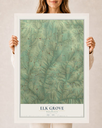 Map of Elk Grove, Wisconsin, 24 x 36 inch print in a white wood frame