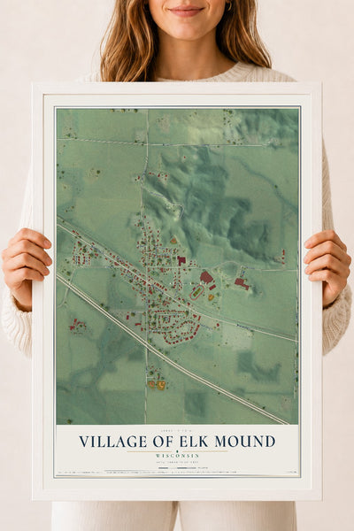 Map of Elk Mound, Wisconsin, 18 x 24 inch print in a white wood frame