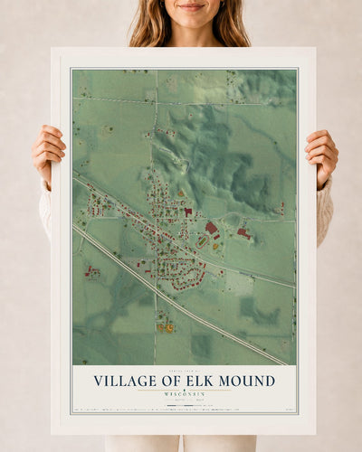 Map of Elk Mound, Wisconsin, 24 x 36 inch print in a white wood frame