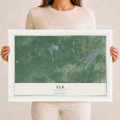 Map of Elk, Wisconsin, 12 x 18 inch print in a white wood frame